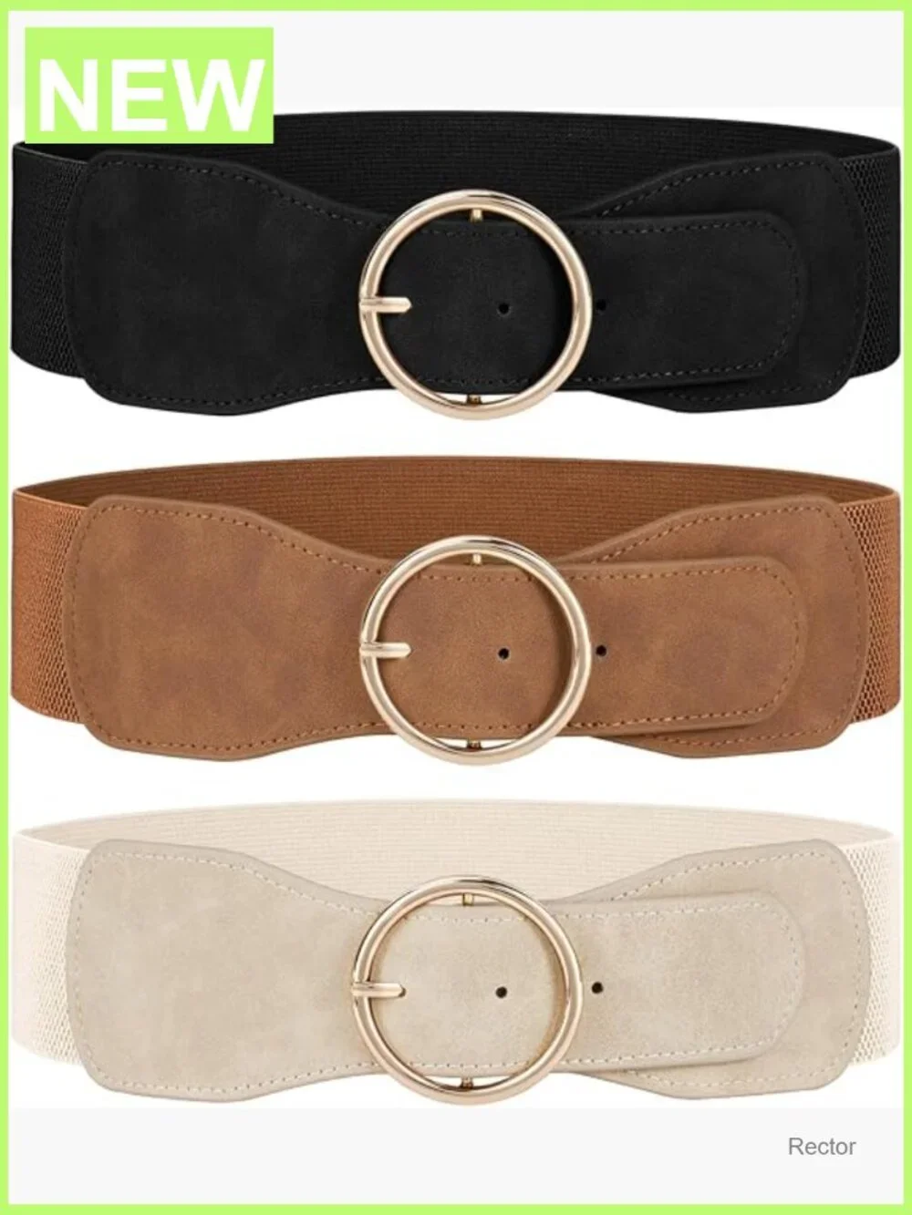 3 Pack Elastic Wide Waist Belt for Women - Stretch Dress Belt with Gold Round